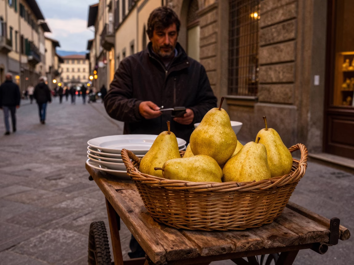 Copper Toned Dusk in Florence Italy Street Scene with Pears and Porcelain in in Florence, Italy