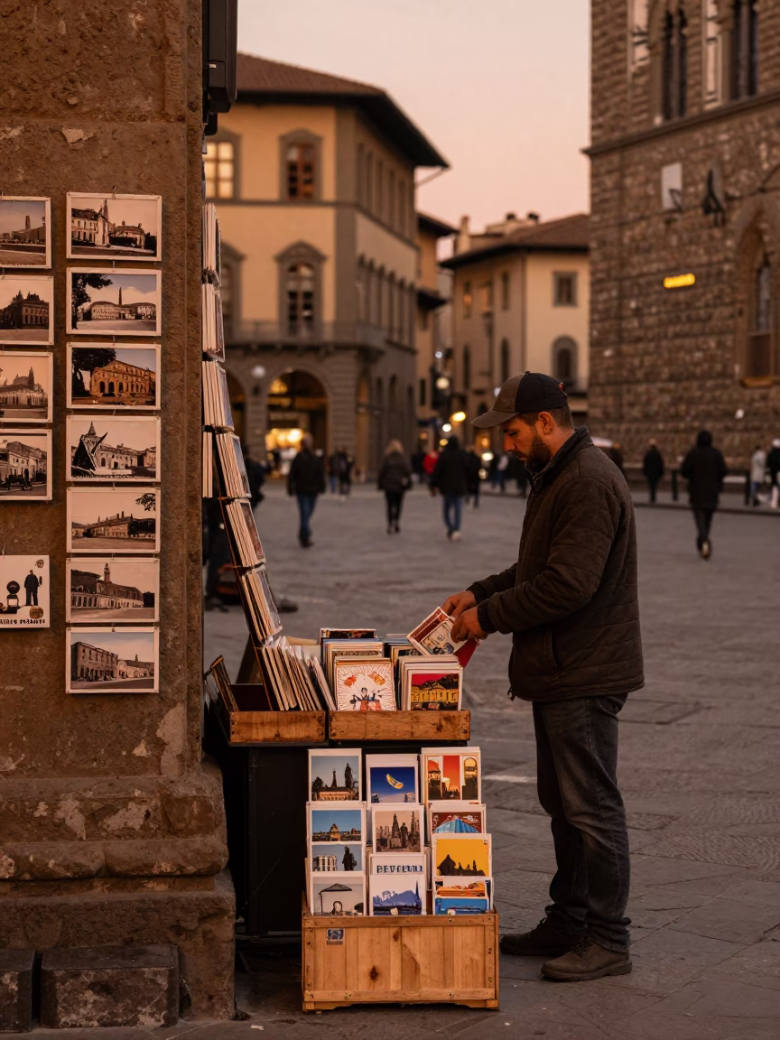 Copper-toned dusk in Florence Italy street scene with postcards and historic architecture in in Florence, Italy