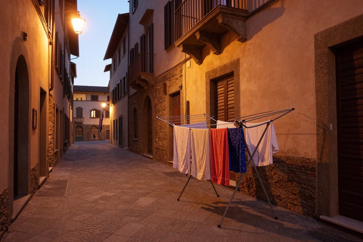 Copper-toned dusk in Florence Italy with drying rack and street scene in in Florence, Italy