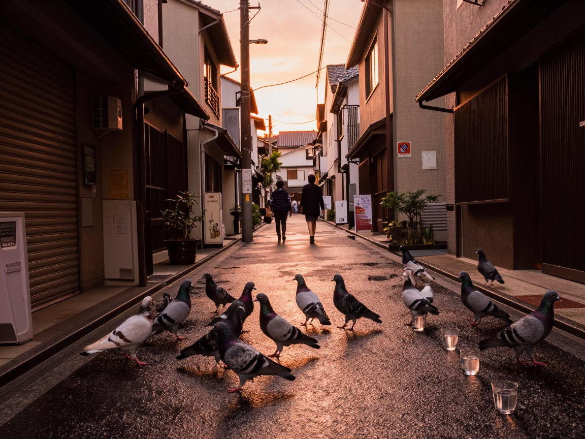 Copper-Toned Dusk in Fukuoka Street with Pigeons and Glass Tumblers in in Fukuoka, Japan