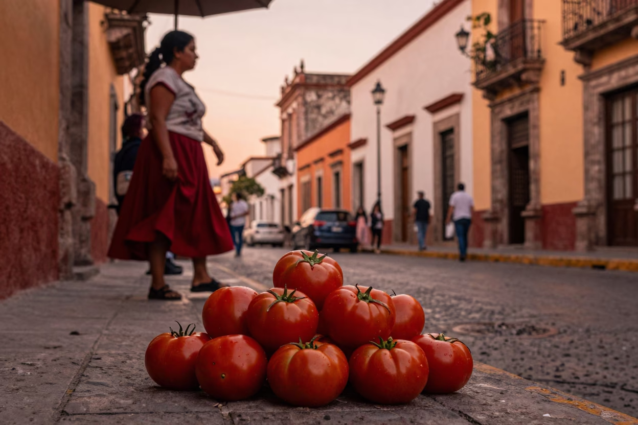 Copper-toned Dusk in Guadalajara Mexico Street Scene with Fresh Tomatoes in in Guadalajara, Mexico