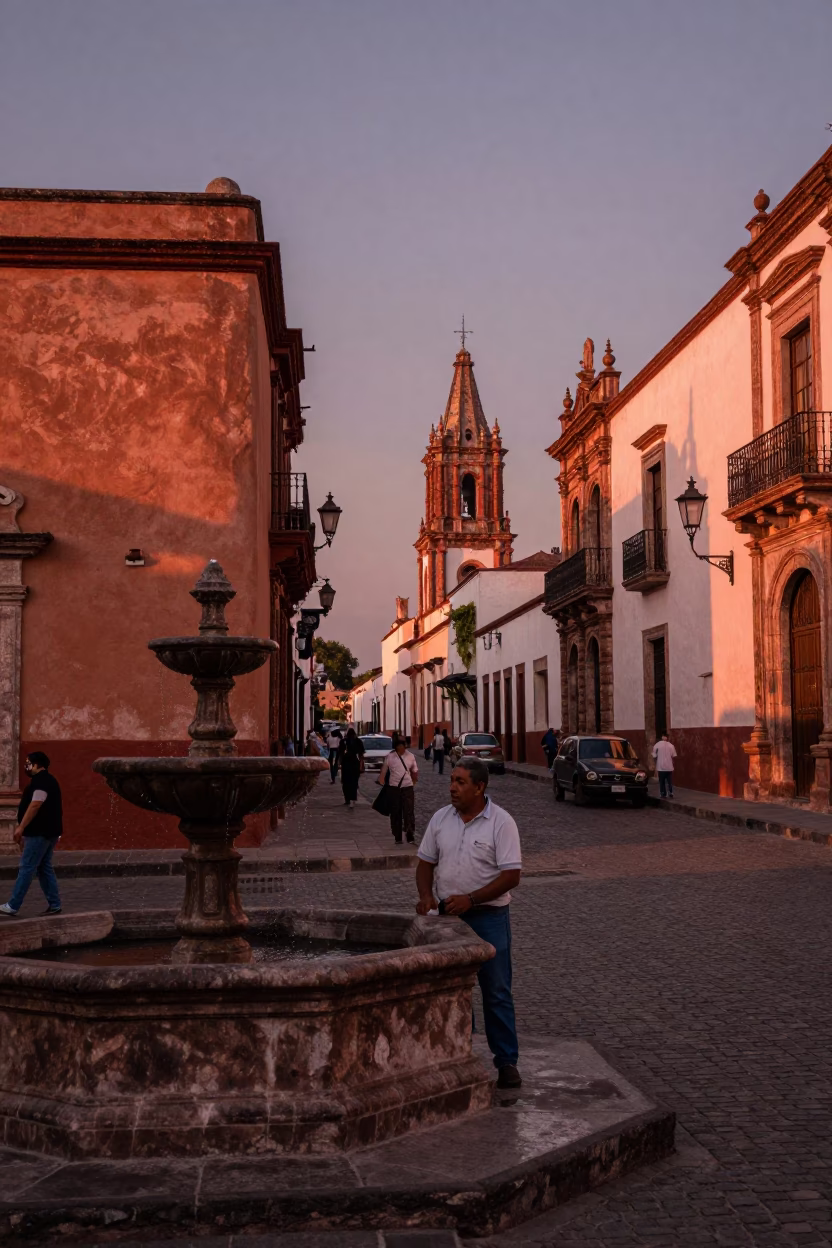 Copper Toned Dusk in Guadalajara Mexico Street Scene with Vintage Jar in in Guadalajara, Mexico