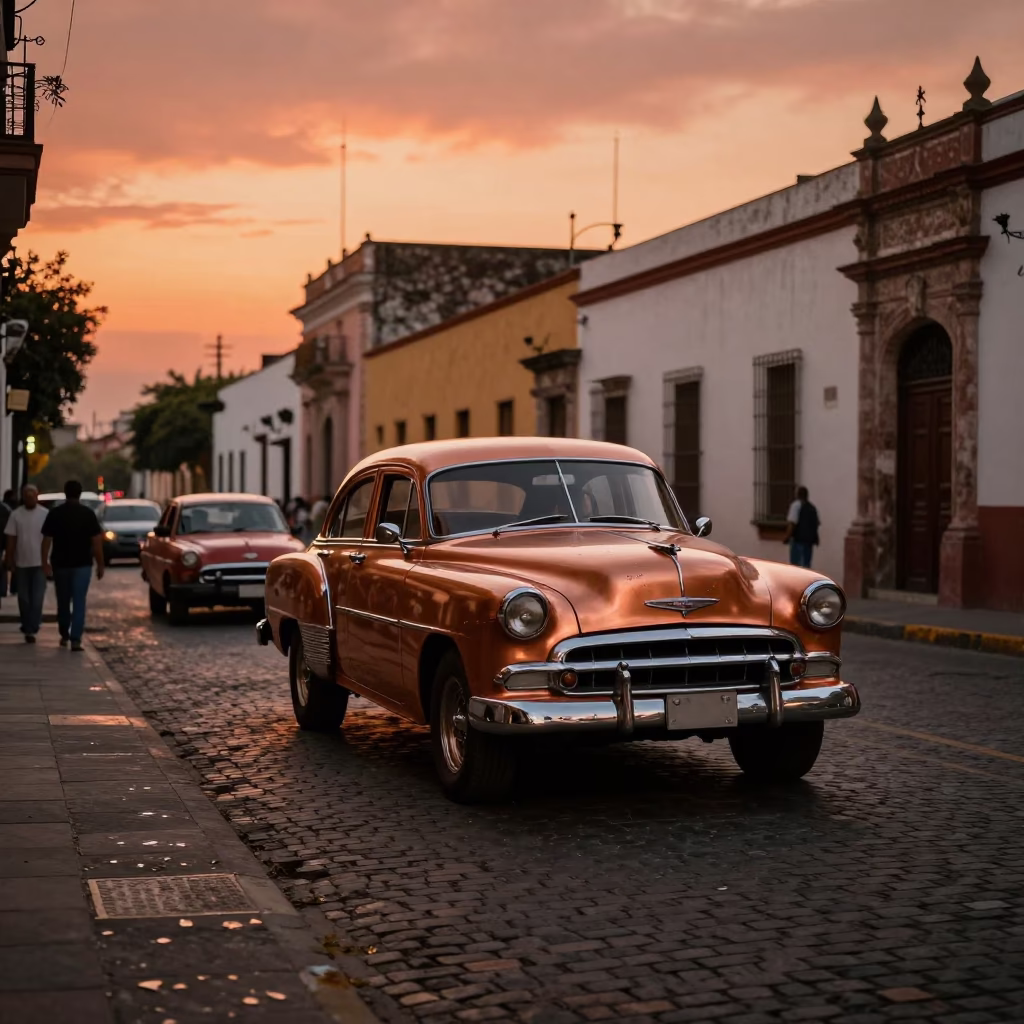 Copper Toned Dusk in Guadalajara Street Scene with Vintage Car and Houseplants in in Guadalajara, Mexico