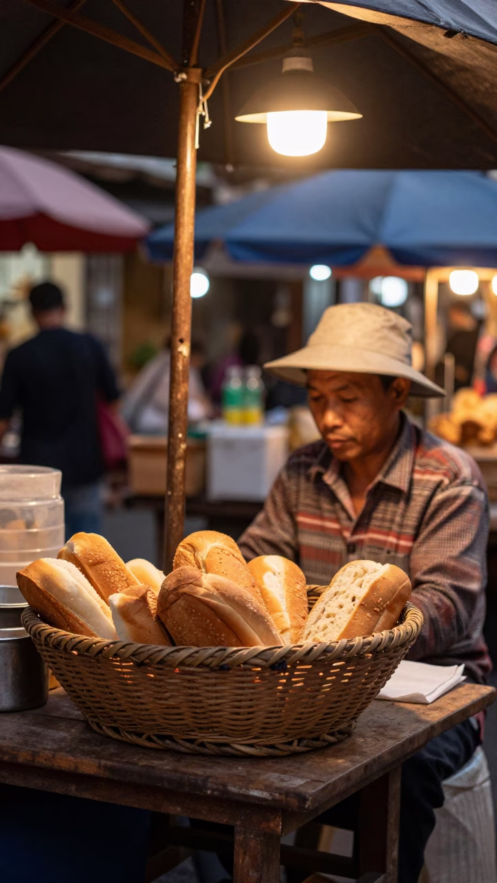 Copper-toned dusk in Hanoi street market with woven bread basket and fresh strawberries in in Hanoi, Vietnam