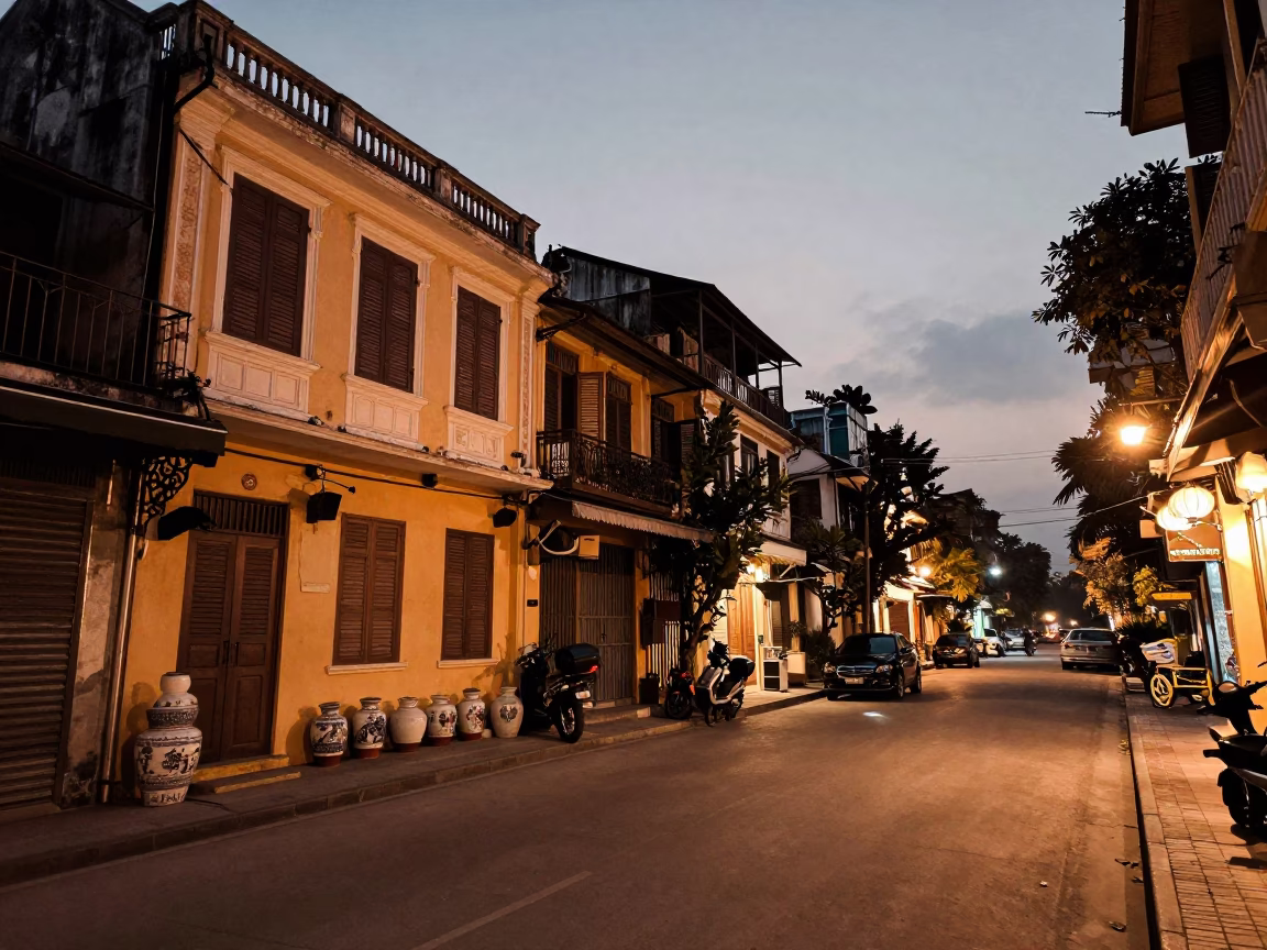 Copper-toned Dusk in Hanoi Vietnam Street Scene with Porcelain Jars and Local Life in in Hanoi, Vietnam