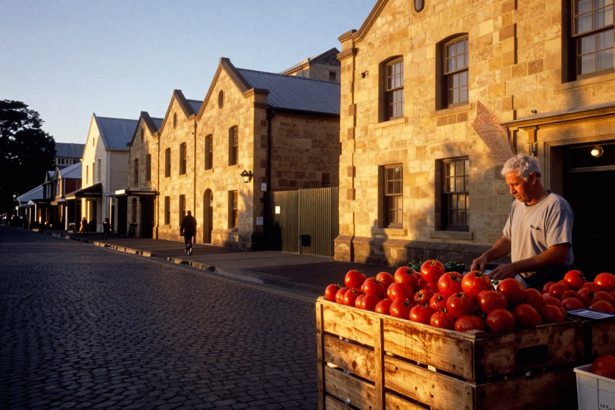 Copper-Toned Dusk in Hobart Tasmania with Fresh Tomatoes and Local Market Scene in in Hobart, Tasmania, Australia