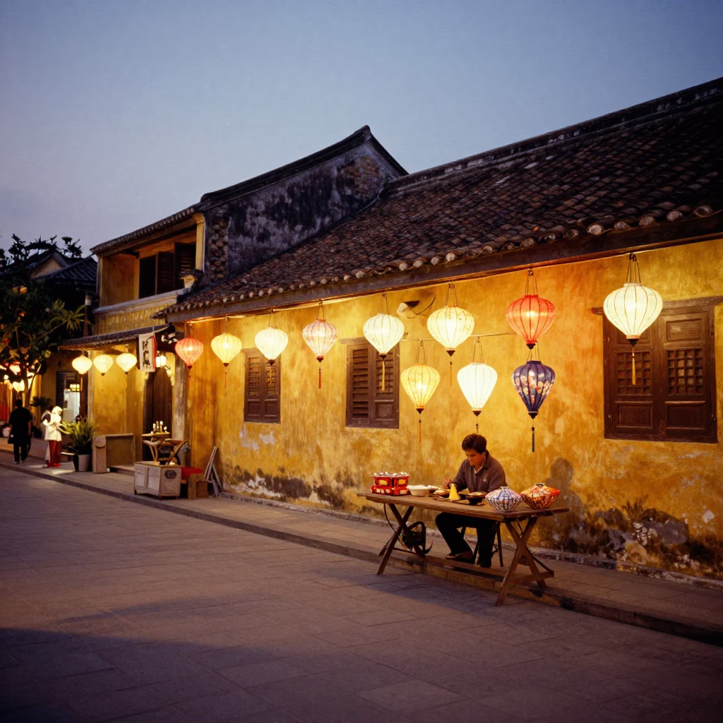 Copper Toned Dusk in Hoi An Vietnam Street Scene with Lanterns and River in in Hoi An, Vietnam