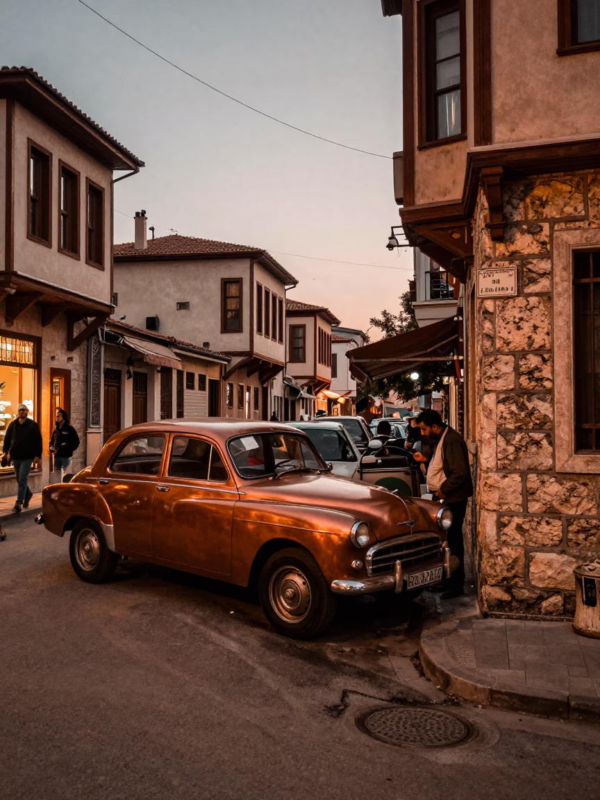 Copper-toned Dusk in Izmir Turkey Street Scene with Vintage Car and Wrench in in Izmir, Turkey