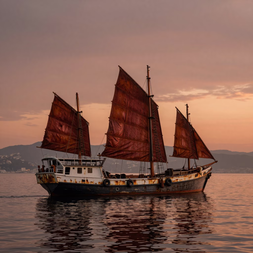Copper-Toned Dusk in Izmir Turkey with Junk Boat and Rust Sails in in Izmir, Turkey