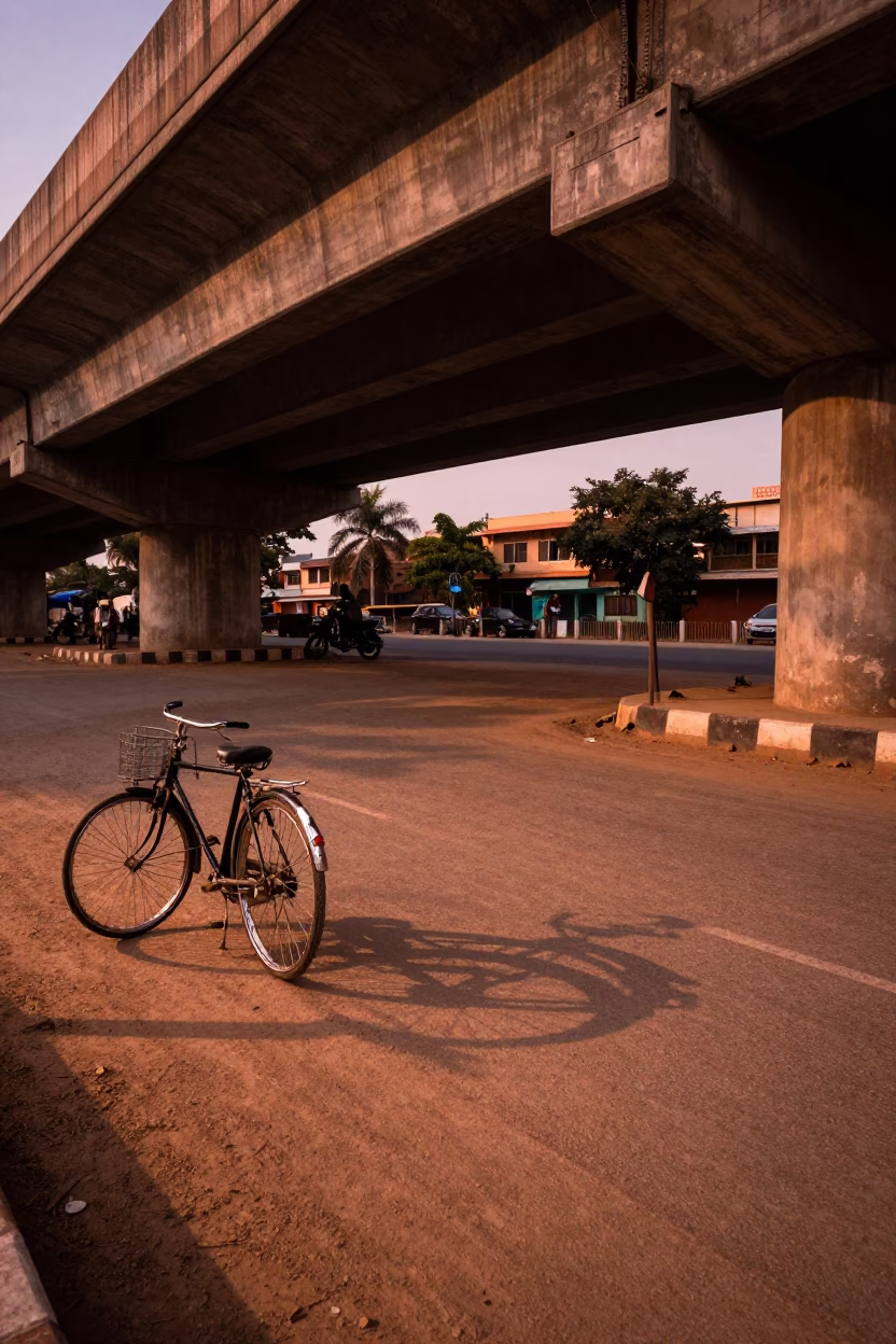 Copper-Toned Dusk in Jaipur India Flyover Shadow and Vintage Bicycle in in Jaipur, India