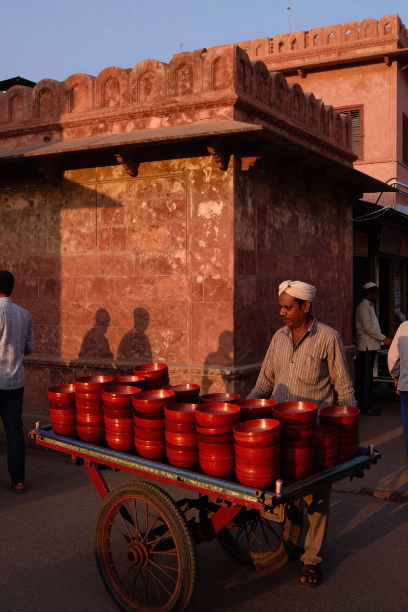 Copper Toned Dusk in Jaipur with Red Lacquered Wood and Clay Pot in in Jaipur, India