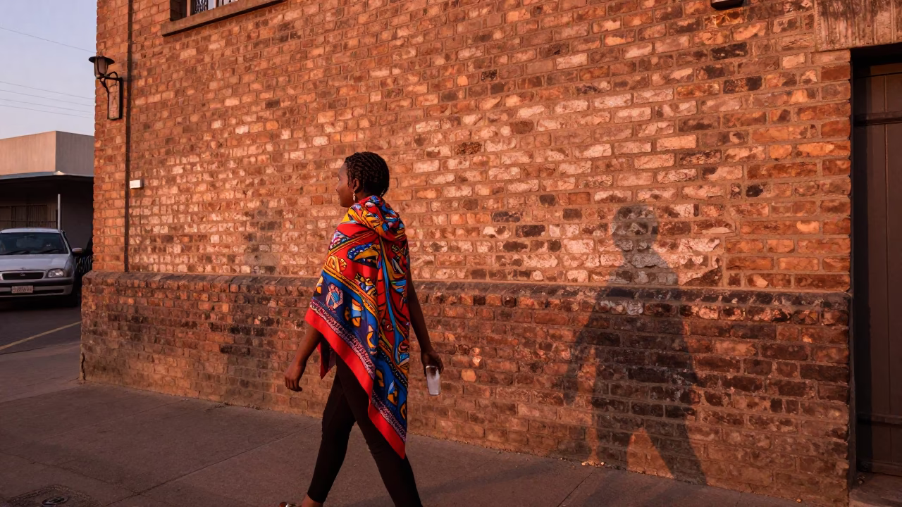 Copper-toned Dusk in Johannesburg Street Scene with Glass Tumbler and Scarf in in Johannesburg, South Africa