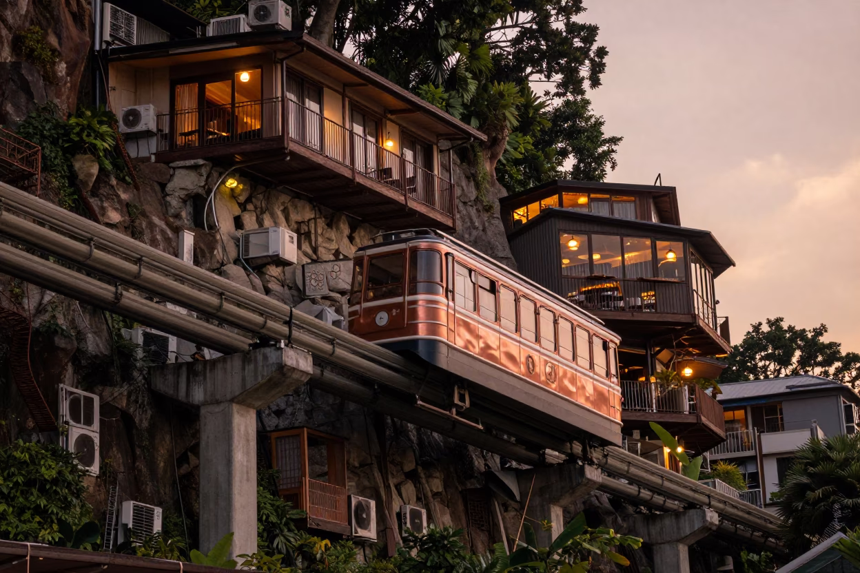 Copper-Toned Dusk in Kaohsiung Taiwan Funicular Railway Cliffside Restaurant View in in Kaohsiung, Taiwan