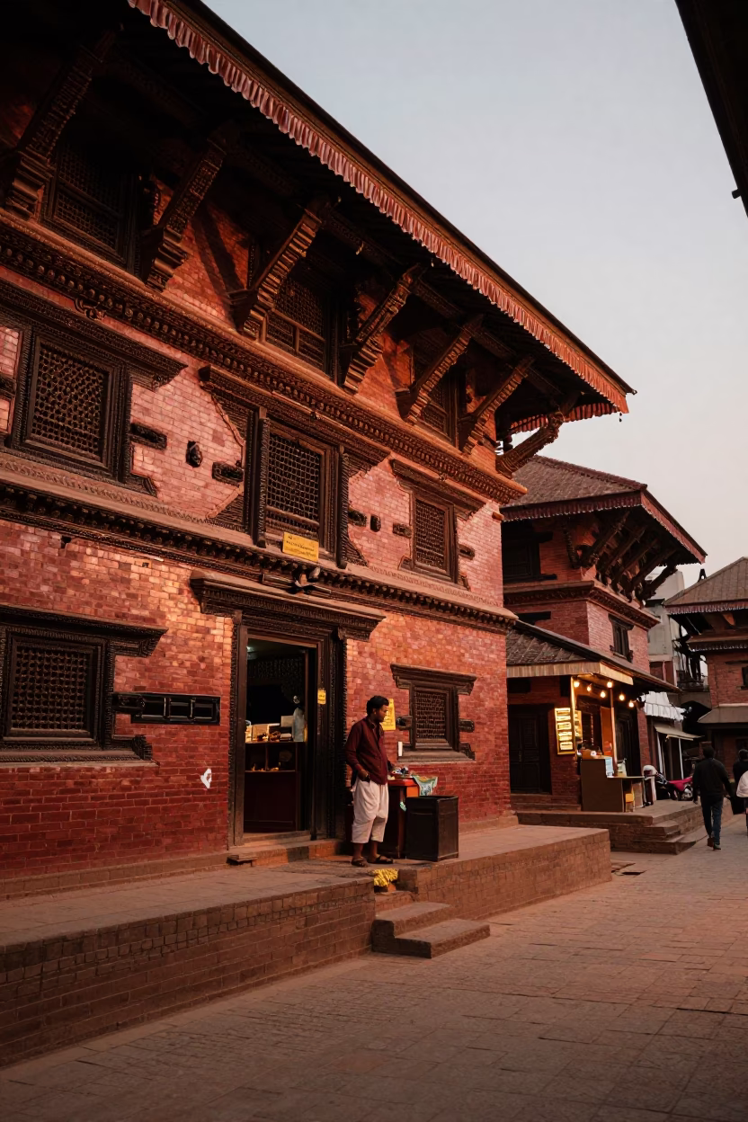 Copper-toned dusk in Kathmandu Nepal street scene with traditional architecture and local life in in Kathmandu, Nepal
