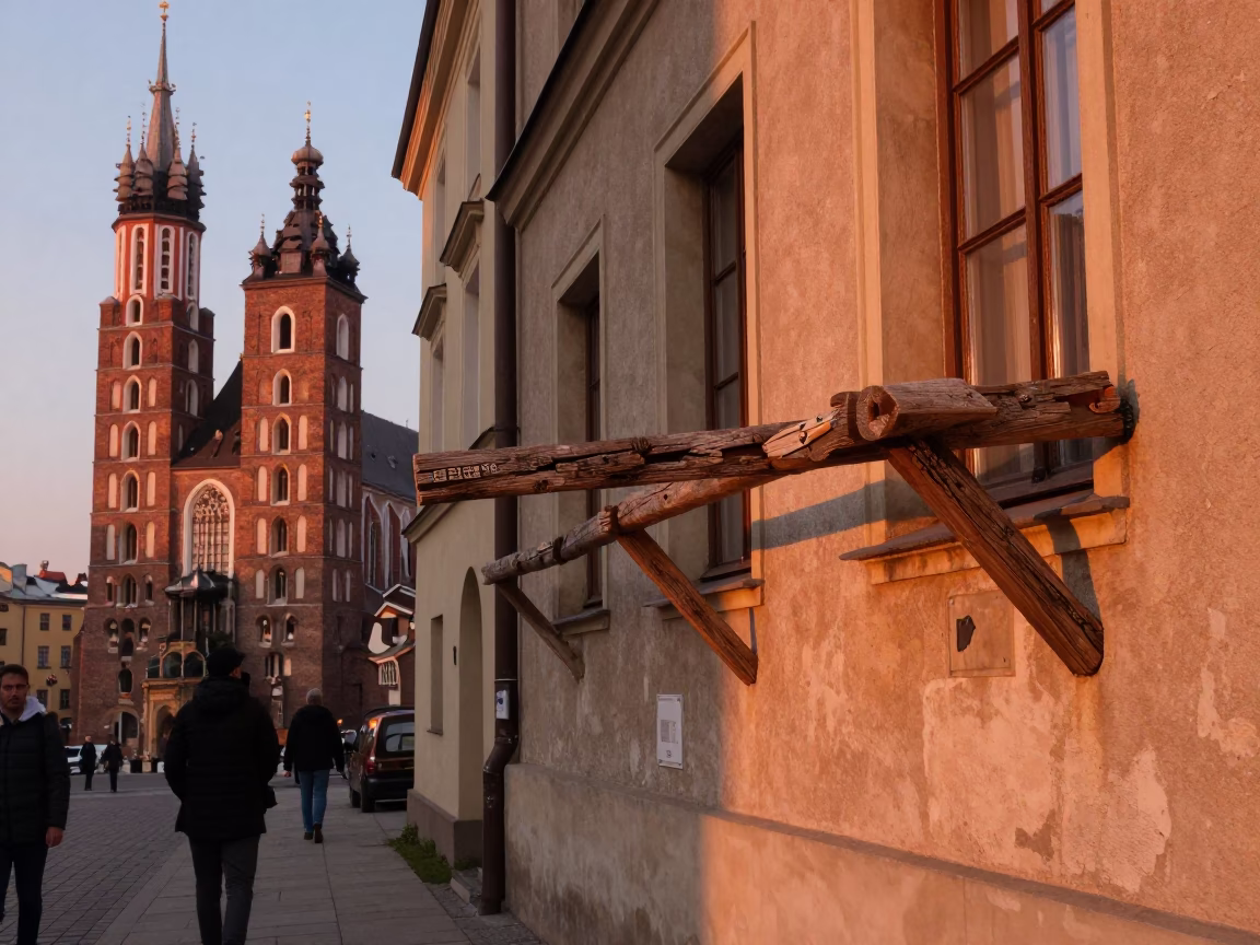 Copper-Toned Dusk in Krakow Poland with Vintage Street Scene and Peg Rail in in Krakow, Poland