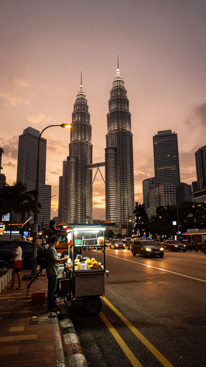 Copper Toned Dusk in Kuala Lumpur Street Scene with Local Life Details in in Kuala Lumpur, Malaysia