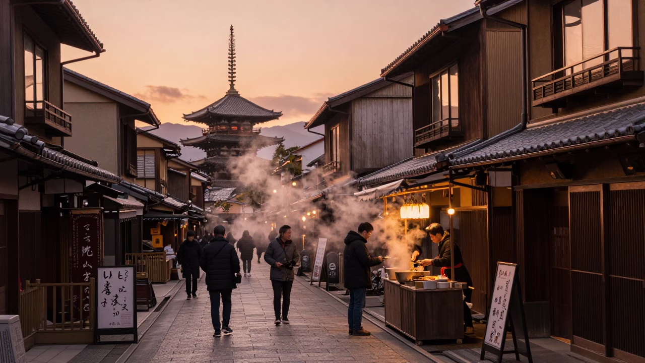 Copper-toned dusk in Kyoto Japan with steam rising from traditional street food vendor in in Kyoto, Japan