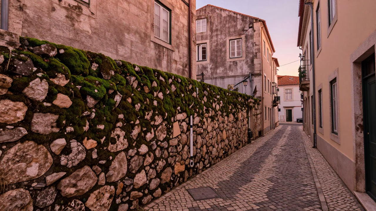 Copper Toned Dusk in Lisbon Portugal with Mossy Stone Walls and Local Street Life in in Lisbon, Portugal