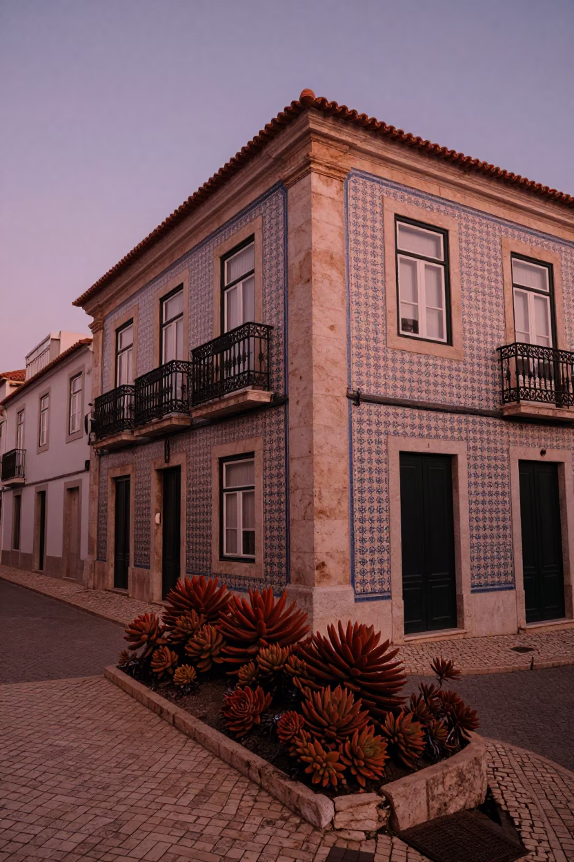 Copper-toned dusk in Lisbon Portugal with terracotta succulents and stone architecture in in Lisbon, Portugal