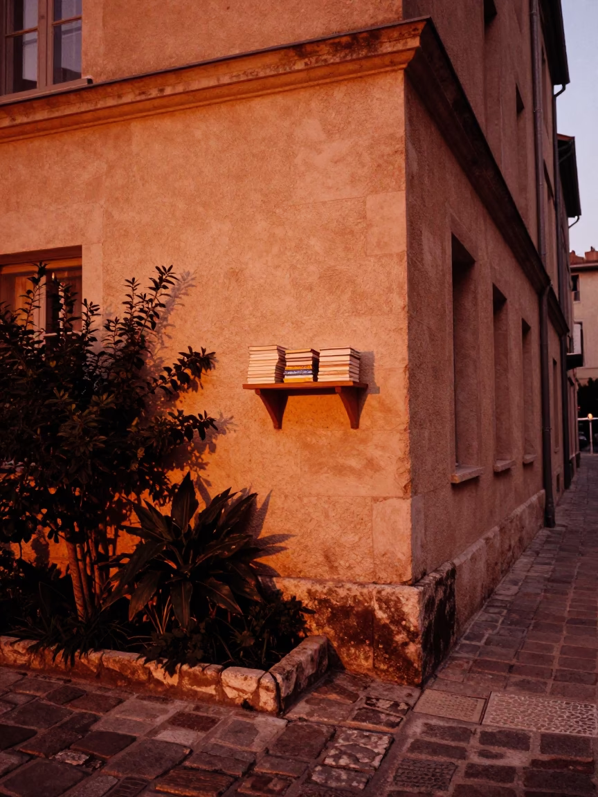 Copper-toned Dusk in Lyon France Street Scene with Paperbacks and Garden Tools in in Lyon, France