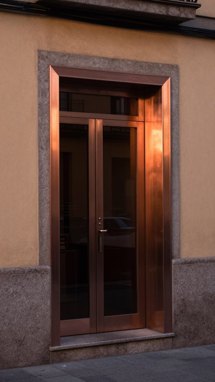 Copper-Toned Dusk in Madrid Spain Street Scene with Brushed Steel Doorframe in in Madrid, Spain