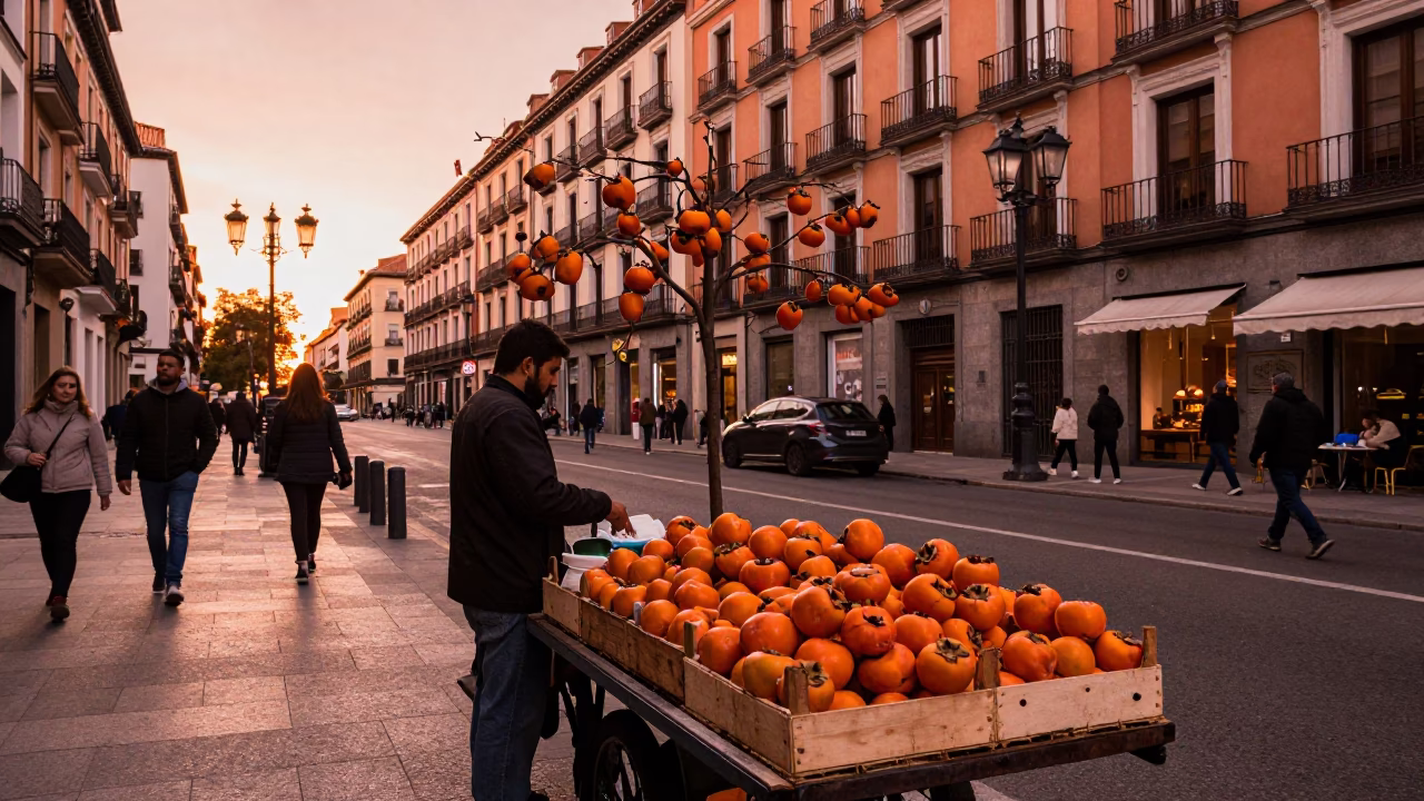 Copper-toned dusk in Madrid Spain street scene with persimmons and urban life in in Madrid, Spain