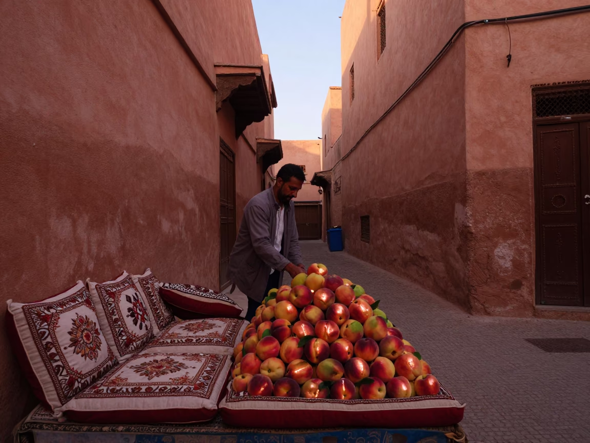 Copper-toned Dusk in Marrakech Medina with Embroidered Cushions and Peaches in in Marrakech, Morocco