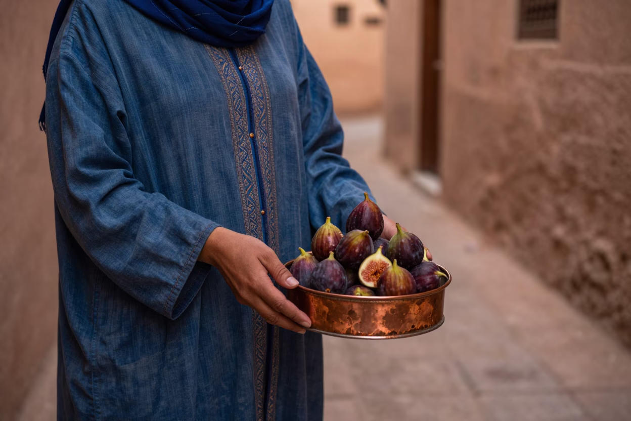 Copper-toned Dusk in Marrakech Medina with Recipe Tin and Fig Tree in in Marrakech, Morocco