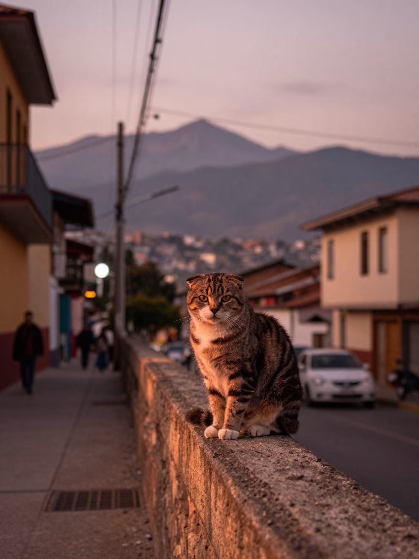 Copper-toned dusk in Medellin Colombia street scene with cat and rocking chair in in Medellin, Colombia