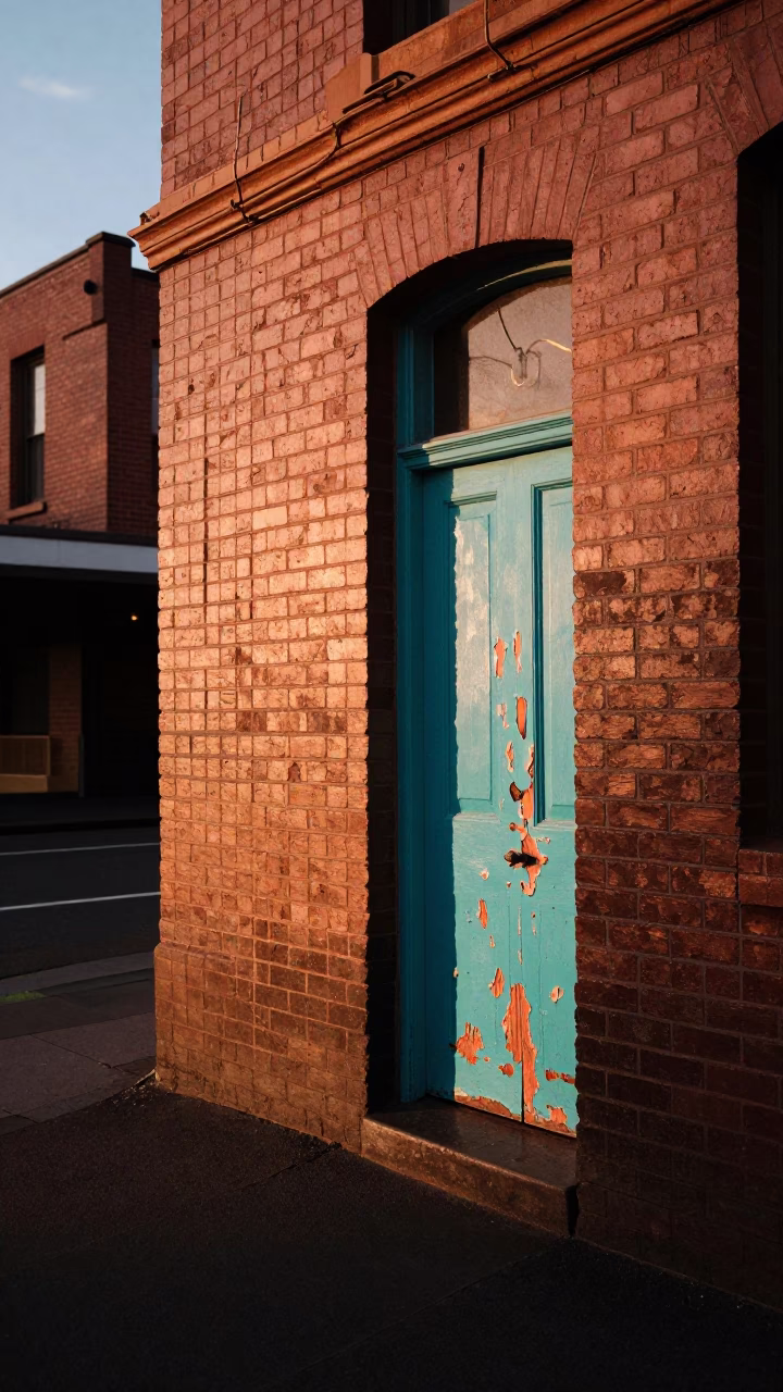 Copper Toned Dusk in Melbourne Victoria Australia Street Scene with Peeling Turquoise Paint in in Melbourne, Victoria, Australia