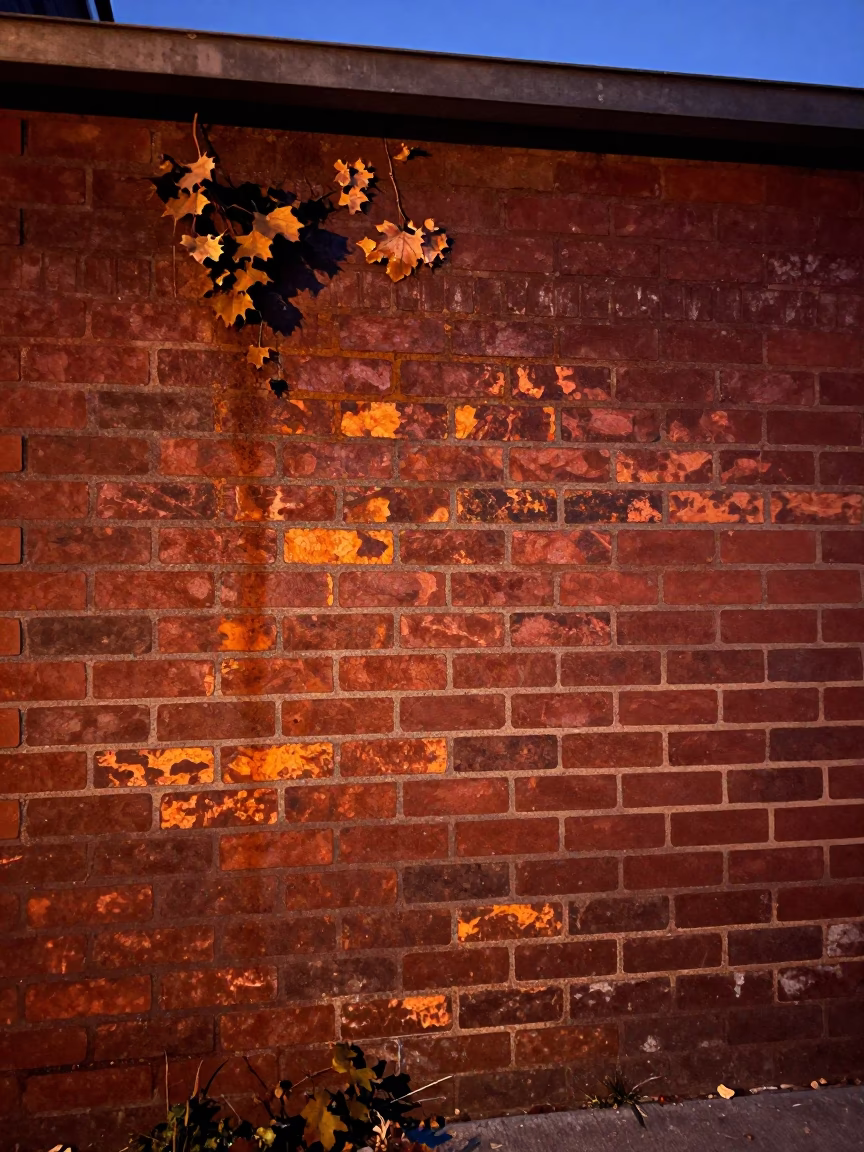 Copper Toned Dusk in Montreal Quebec with Rusty Wall and Leaf Shadows in in Montreal, Quebec, Canada