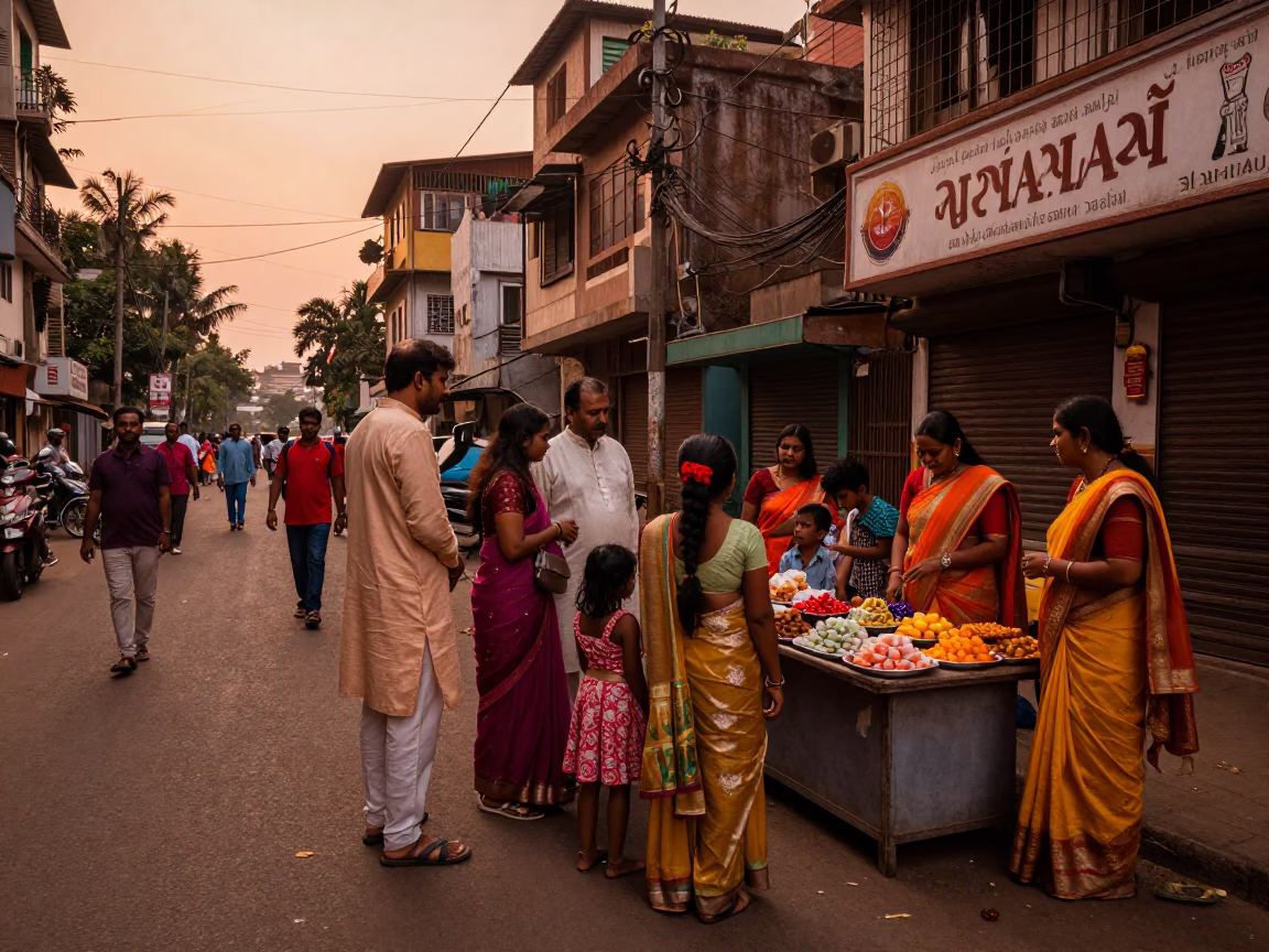 Copper-Toned Dusk in Mumbai Street with Family Gathering and Traditional Sweets in in Mumbai, India