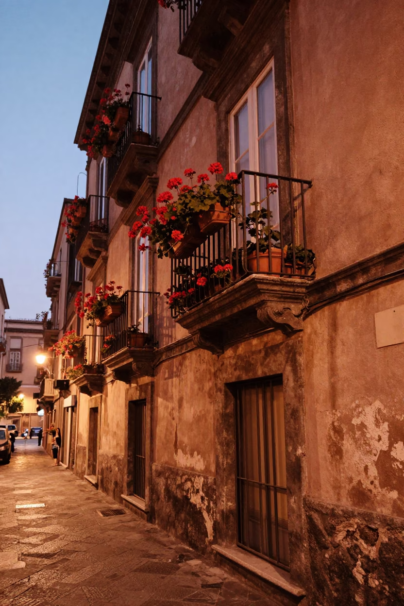 Copper-toned Dusk in Naples Italy with Geraniums and Street Life in in Naples, Italy