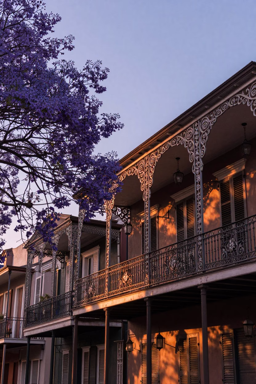 Copper-Toned Dusk in New Orleans French Quarter with Jacaranda Bloom and Local Life in in New Orleans, Louisiana, United States