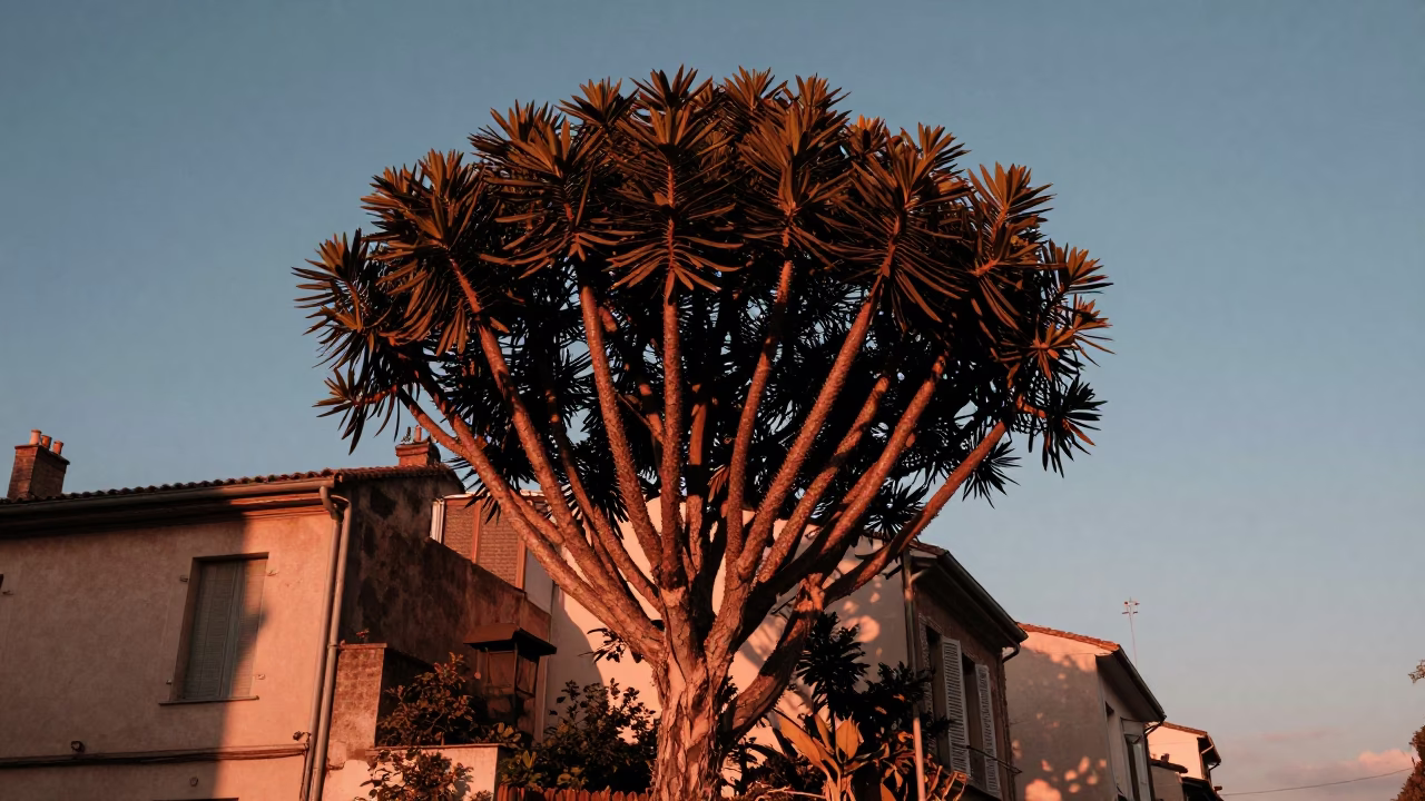 Copper-toned Dusk in Nice France with Euphorbia Candelabra Tree Against Blue Sky in in Nice, France