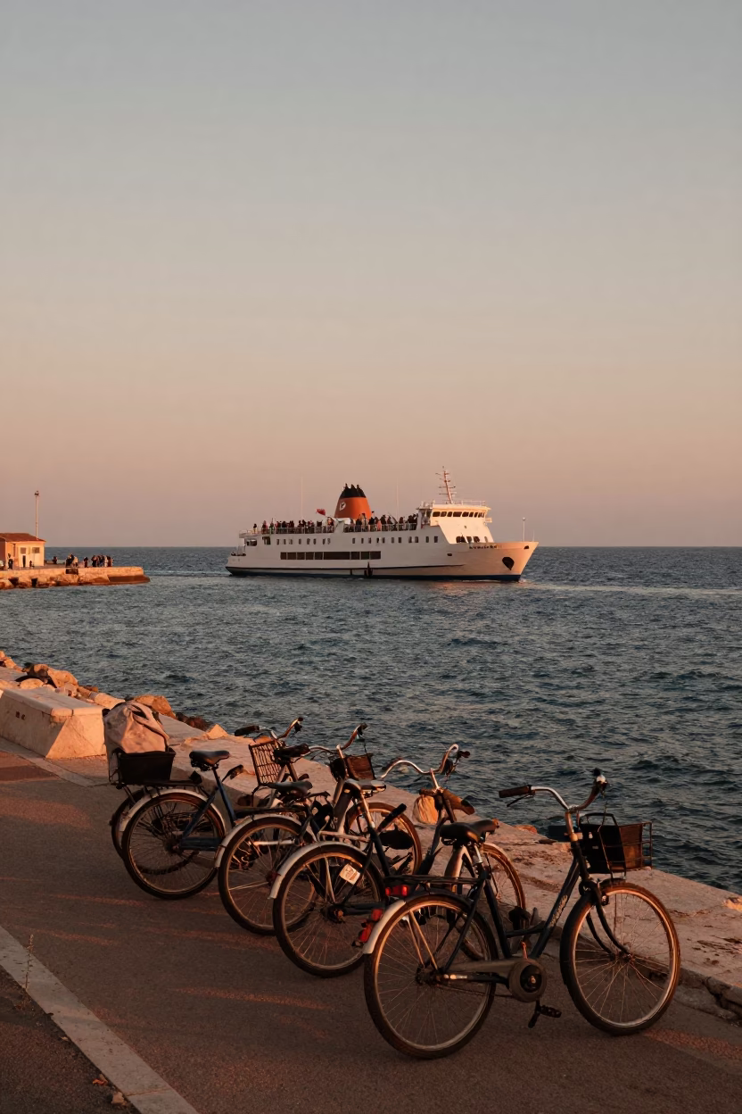 Copper-toned Dusk in Nice France with Ferry Docking and Bicycle Loading in in Nice, France