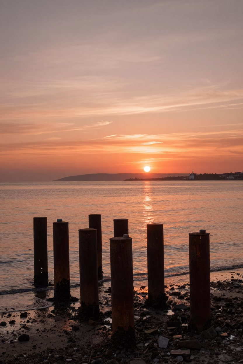 Copper-Toned Dusk in Nice France with Ferry Piling System at Low Tide in in Nice, France