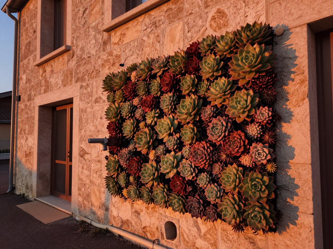 Copper-Toned Dusk in Nice France with Succulent Living Wall and Watering Jug in in Nice, France