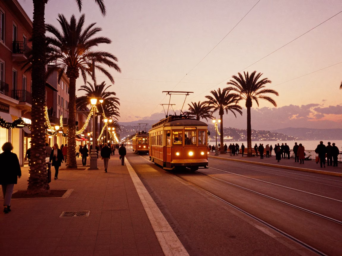 Copper-Toned Dusk in Nice France with Tramcar and Street Scene in in Nice, France