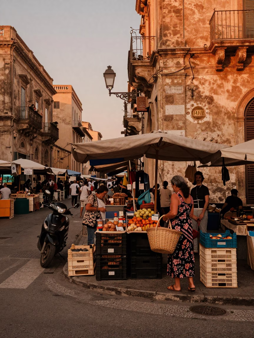 Copper-Toned Dusk in Palermo Italy Street Scene with Local Market Activity in in Palermo, Italy