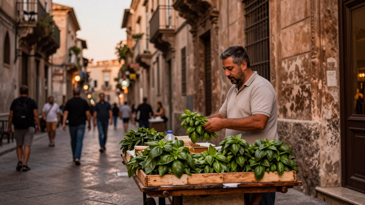 Copper-Toned Dusk in Palermo Street with Local Vendor and Basil Leaves in in Palermo, Italy