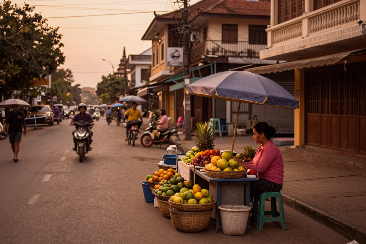 Copper-toned Dusk in Phnom Penh Cambodia Street Scene with Local Life in in Phnom Penh, Cambodia