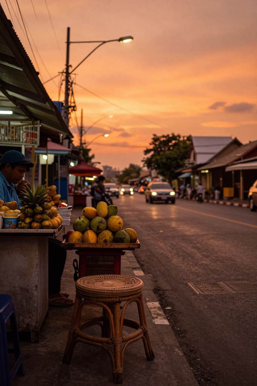 Copper-toned Dusk in Phuket Thailand Street Scene with Rattan Stool and Local Interaction in in Phuket, Thailand