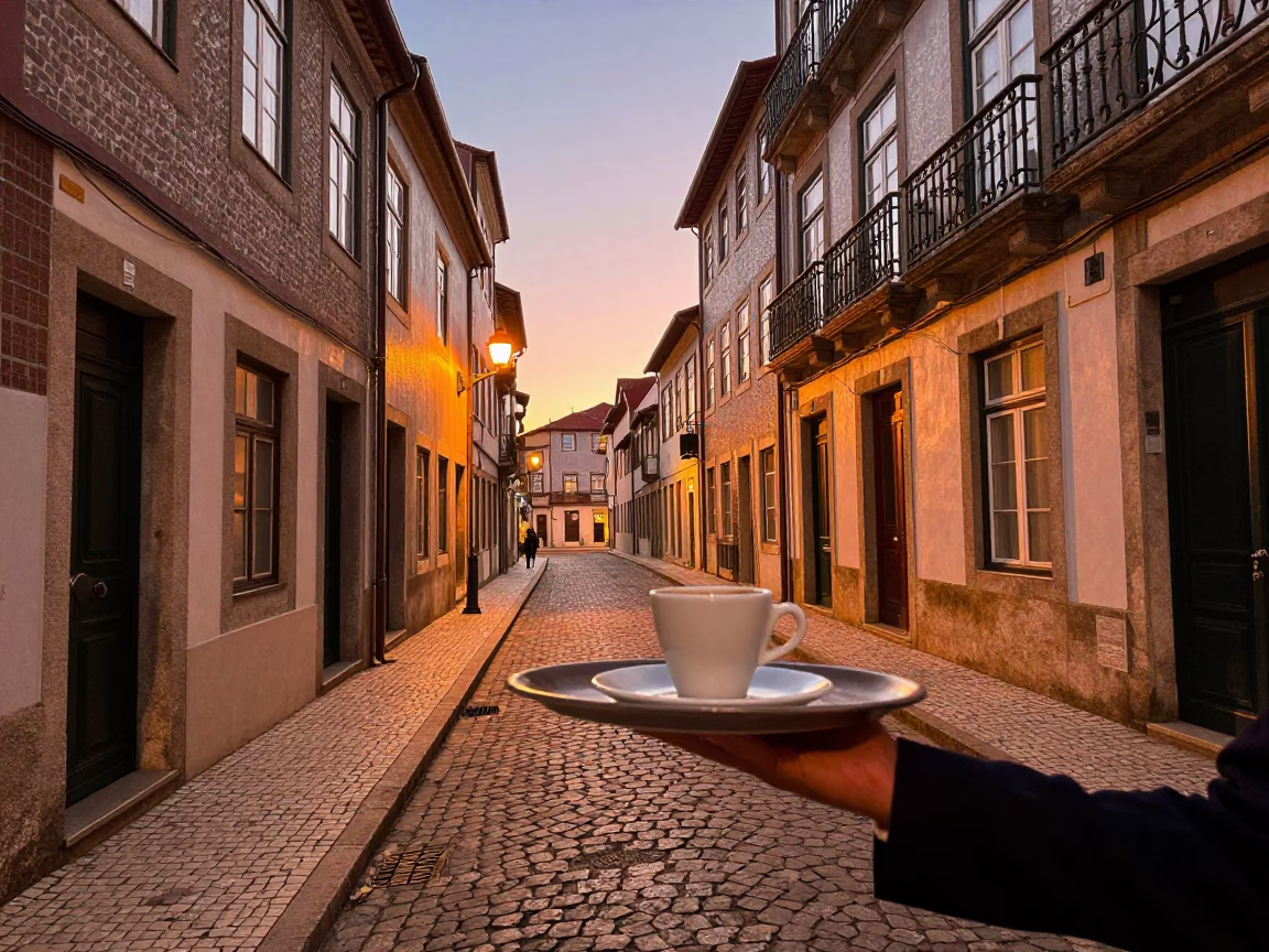 Copper-Toned Dusk in Porto Portugal Street Scene with Espresso Cup and Local Life in in Porto, Portugal
