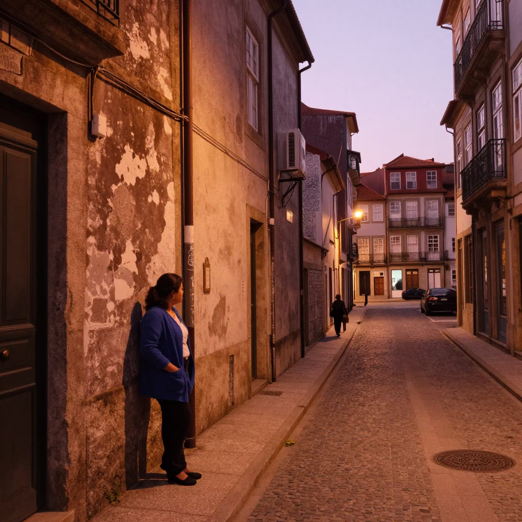 Copper-toned Dusk in Porto Portugal Street Scene with Local Details in in Porto, Portugal