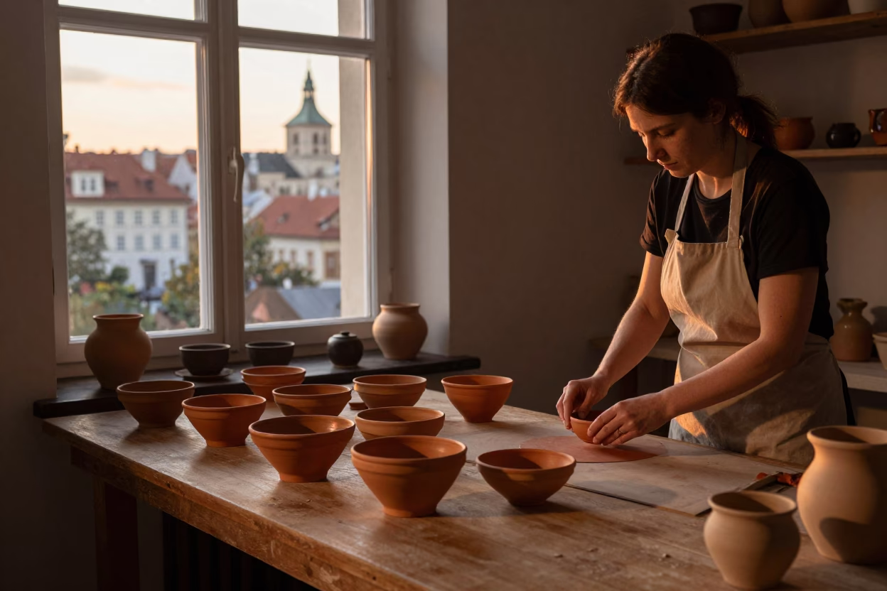 Copper-Toned Dusk in Prague Interior with Terracotta Bowls and Clay Pots in in Prague, Czech Republic