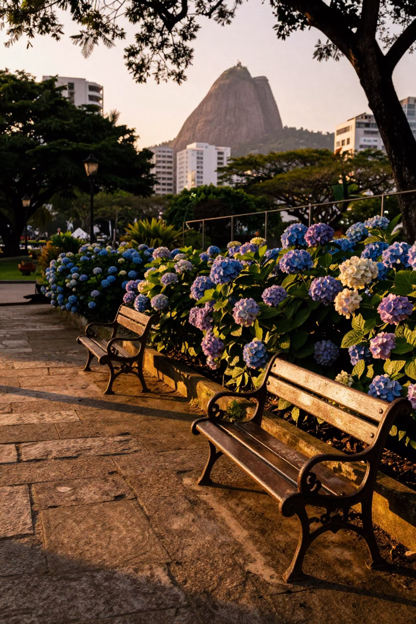 Copper Toned Dusk in Rio de Janeiro Garden with Benches and Hydrangeas in in Rio de Janeiro, Brazil
