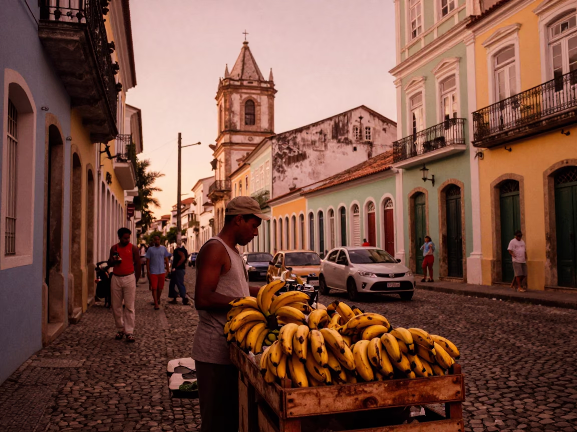 Copper-Toned Dusk in Salvador Brazil Street Scene with Bananas and Local Life in in Salvador, Brazil