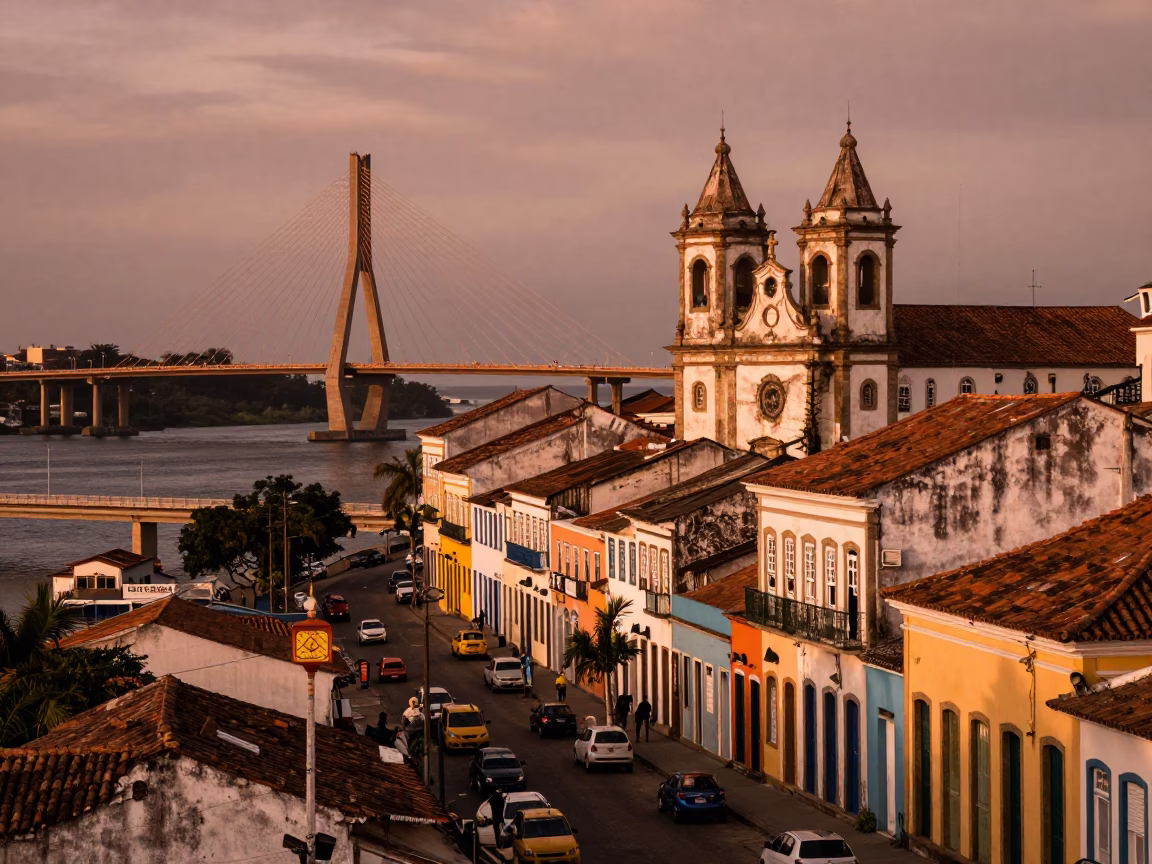 Copper-toned dusk in Salvador Brazil with bridge and street life in in Salvador, Brazil
