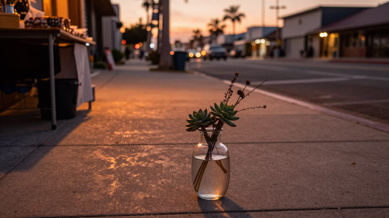 Copper Toned Dusk in San Diego California Street Scene with Glass Vase and Lemons in in San Diego, California, United States